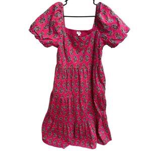 J. Crew Factory Womens Tiered Midi Dress 12 Pink Puff Sleeves Floral Milkmaid